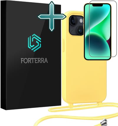 Hoesje Geschikt voor iPhone 13 Mini Case Siliconen Hoes Met Koord Met Screenprotector - Hoes Geschikt voor iPhone 13 Mini Met Telefoonkoord Hoesje Backcover - Geel