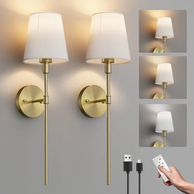 Draadloze Wandlamp met Afstandsbediening (2 stuks) - Oplaadbaar en Dimbaar - Gouden Armatuur met Stoffen Kap