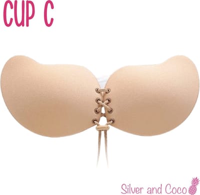SilverAndCoco® - Push up Plak BH herbruikbaar veter sluiting / Zelfklevende Invisible bh met vetersluiting / Onzichtbare Siliconen Tepel bedekkers BH Pads Silicone Nipple cover Strapless boob lift - Nude / Beige - Cup C