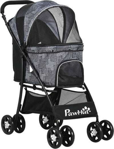 PawHut Hundewagen, faltbarer Hundebuggy, Hundetrolley mit Kissen, Katzenbuggy, Katzenwagen mit 4 Rädern, Netzfenster, Stauraum für kleine Hunde, Katzen, 600D Oxford, Schwarz