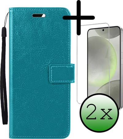 Hoesje Met 2x Screenprotector - Geschikt voor Samsung Galaxy S24 - Luxe Pasjeshouder - Bookcase Portemonee - Flip Case - Kunstleer Book Case - Flipcase Hoes - Book Cover - Walletcase - Portemonneehoes - Turquoise