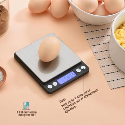 KAD® Weegschaal - Nauwkeurige Mini Weegschaal voor Keuken - Hoge Precisie Keukenweegschaal - Zilver/Zwart - 13cm x 3cm x 16cm