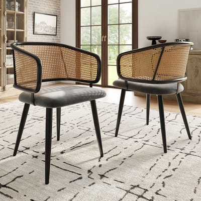 Eetkamerstoelen Set van 2 - Rattan Rugleuning Stoel - PU Leren Zitting - Moderne Eetkamerstoel - Comfortabele Stoel - Ademend Zitcomfort - Keukenstoel - Woonkamerstoel - Restaurantstoel - Caféstoel - Moderne Stijl - Zwart