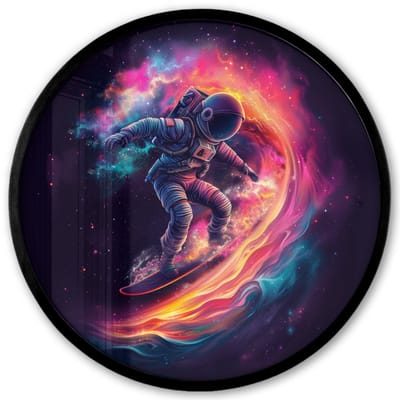 Poster in lijst Rond - Fotolijst 40x40 cm - Posters - Astronaut - Ruimte - Surfen - Kleurrijk - Ronde posterlijst zwart - Decoratie - Wanddecoratie woonkamer - Muurdecoratie slaapkamer