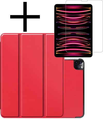 Hoes - Geschikt voor Apple iPad Pro (2022) - 11 inch - 4e generatie - Met Screenprotector - Trifold Bookcase - Hard Cover - Hardcover Book Case - Tablet Hoesje - Rood