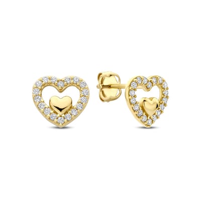 New Bling - 9NBG-0891 - 14K geelgouden Oorknoppen – Dubbele Hartjes met Zirkonia – Dames Oorbellen