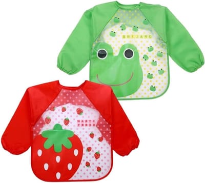 Set van 2 Lange Mouwen Slabbetjes voor Baby's, Waterdichte Schorten voor Schilderen en Spelen (Rood, Groen)