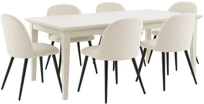 Venedig eethoek eettafel wit 95x180/276 met 2 stuks extra plaat 6 stoelen fluweel beige.