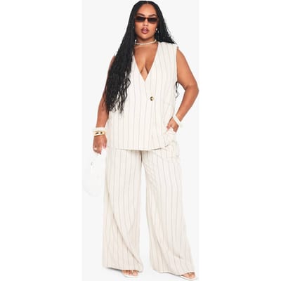 boohoo Dames Plus op maat gemaakte linnen broek met strepen | Creme | Maat: 50