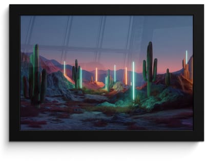 Poster in lijst - Fotolijst 30x20 cm - Posters - Cactus - Lichtzuilen - Zonsondergang - Posterlijst zwart - Decoratie - Wanddecoratie woonkamer - Muurdecoratie slaapkamer