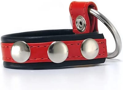 Black Label - Leren Cockstrap met Metalen Penisring - Zwart/Rood