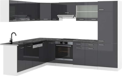 Vicco Hoekkeuken R-Line, Antraciet Hoogglans/Wit, 287 x 227 cm, WB Antraciet