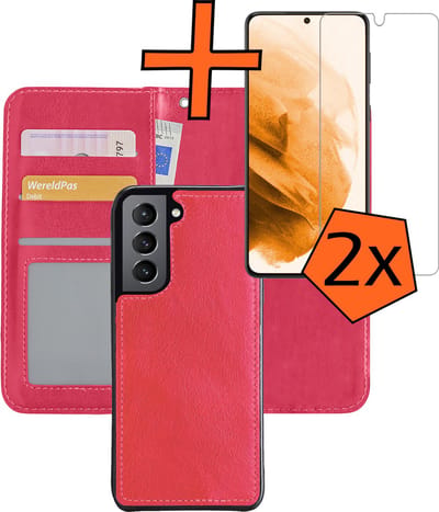 Hoes - 2 in 1 - Geschikt voor Samsung Galaxy S21 - Met 2x Screenprotector - En Uitneembare Hard Cover - Bookcase - Wallet Case - Met Pasjeshouder - Book Case - Uitneembaar - Pashouder - Kunstleer - Donkerroze