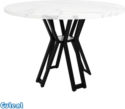 Gutent Ronde eettafel (100 x 100 x 76 cm) - MDF tafelblad - Zwarte poten - Marmer - Wit