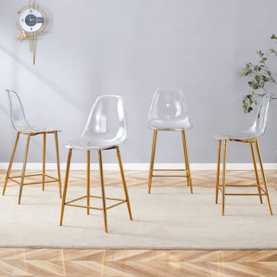 Barkruk - Transparant Design - Set van 4 - Met Rugleuning en Voetsteun - Voor Keuken, Bar en Eetkamer - Kunststof Goud