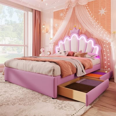 YEHTOKHOME Prinsessenbed - 140 x 200 cm - Gestoffeerd bed - LED-verlichting - 2 lades - Verstelbaar hoofdeinde in kroonvorm - Zonder matras - PU - Roze