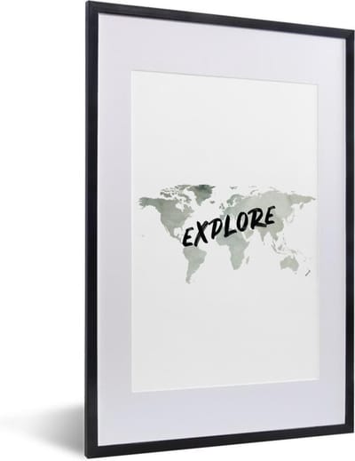 Poster in lijst - Fotolijst 40x60 cm - Posters - Wereldkaart - Aquarelverf - Explore - Posterlijst zwart - Decoratie - Wanddecoratie woonkamer - Muurdecoratie slaapkamer