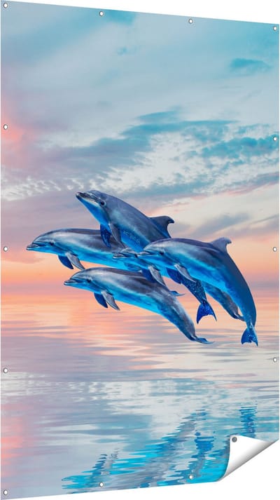 Gards Tuinposter Groep Dolfijnen Springen uit het Water - 120x180 cm - Tuindoek - Tuindecoratie - Wanddecoratie buiten - Tuinschilderij