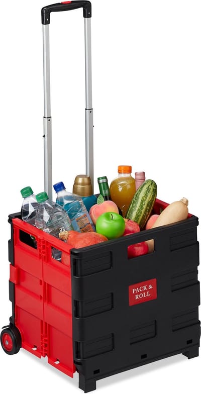 boodschappentrolley - inklapbaar - tot 35 kg - kunststof krat - telescopisch handvat - 2 wieltjes - rood