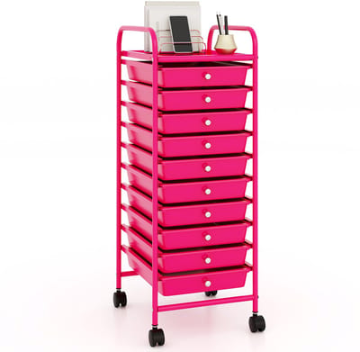 COSTWAY Rolwagen met laden, rolcontainer, badkamertrolley, badkamerrek, bijzetwagen met 10 stapelbare laden, metalen frame, hot pink