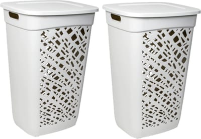 2x stuks wasmanden/wasboxen met deksel licht grijs kunststof L43 x B36 x H63 cm - 60 liter - Wasmanden/wasboxen