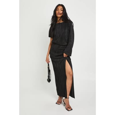 boohoo Dames Plisse Gerufelde Gespleten Maxi Jurk | Black | Maat: 8
