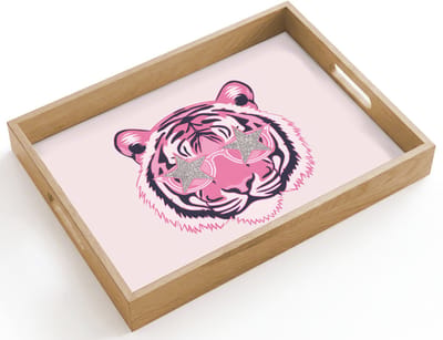 Dienblad hout 40x30 cm - Schootdienblad - Tijger - Glitterzonnebril - Roze - Borrelplank rechthoek - Plateau dienbladen