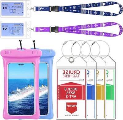 XXL Kofferlabel voor Cruises, Boarding Pass Houder en Waterdichte Telefoonset, Reisaccessoires met ID Kaarthouder en Koord, Essentieel voor jouw Volgende Avontuur