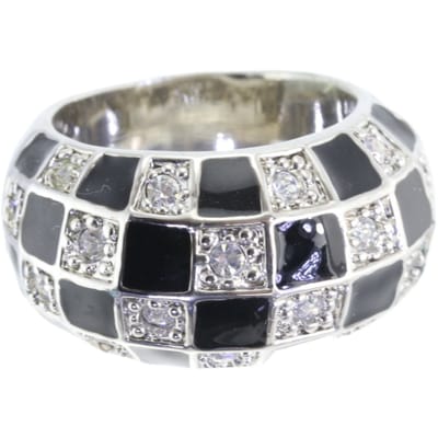 Behave - Ring - Zilverkleurige statement ring met zwart dambordpatroon en kristallen – Trendy & modern