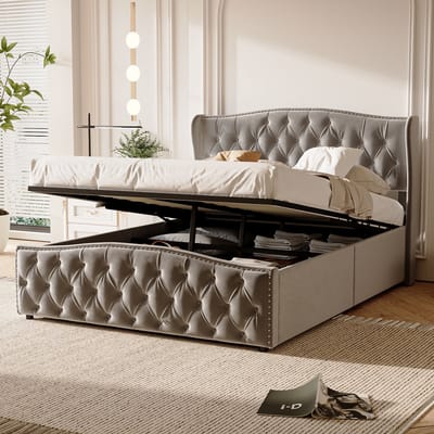 Gestoffeerd bed 140x200 cm - tweepersoonsbed/volwassen bed/luchtbed - bedframe met opbergruimte - flanel - grijs (verzonden in 2 pakketten)
