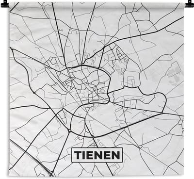 Wandkleed - Wanddoek - Stadskaart – Zwart Wit - Kaart – Tienen – België – Plattegrond - 180x180 cm - Wandtapijt