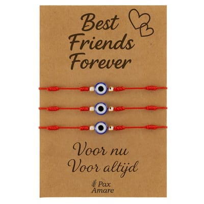 Vriendschapsarmbandjes voor 3 "Best Friends Forever" - Blauw Oogje - BFF Armbandjes met Persoonlijk Cadeau Kaartje - Rood - Elastisch Verstelbaar - Pax Amare