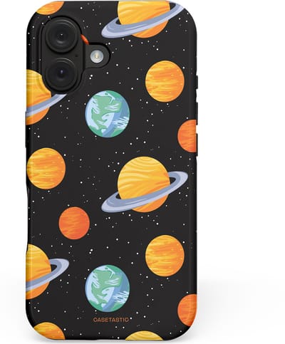Casetastic hoesje geschikt voor Apple iPhone 16 - MagSafe - Dubbellaagse bescherming - Universum reis - Fashion Case - Zwart Goud Oranje
