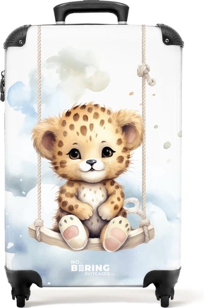 NoBoringSuitcases.com® - Kinderkoffer - Kindertrolley jongen en meisje - Cheeta welpje op een schommel in de wolken - Handbagage koffer lichtgewicht - Reiskoffer trolley kinderen - Rolkoffer met wieltjes - Past binnen 55x40x20 en 55x35x25