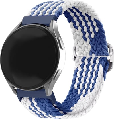 Strap-it 20mm - geweven / gevlochten nylon bandje geschikt voor Samsung Galaxy Watch 7 (40 & 44mm) / Watch 6 (Classic) / Watch 5 / 5 Pro / Watch 4 (Classic) / Watch 3 41mm / Watch 1 42mm / Active (2) / Watch FE / Gear Sport - blauw/wit