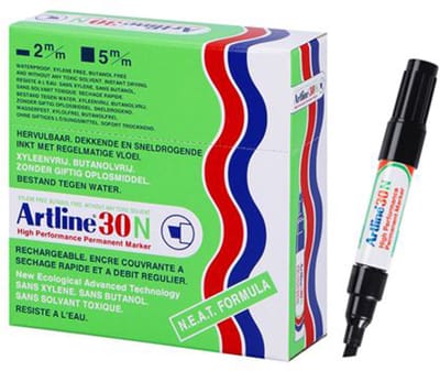 Artline 30 Permanent Marker - Doos 12 Stuks - Schuine Punt 2,0-5,0mm - Watervast & Wrijfvast - Hervulbaar - Zwart