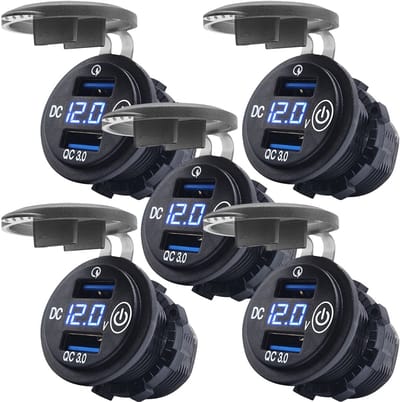 ProRide 12V USB Wandcontactdoos Inbouw - 2 USB Poorten - Schakelaar - Voltmeter - QC3.0 - Blauw - Voor 5 stuks