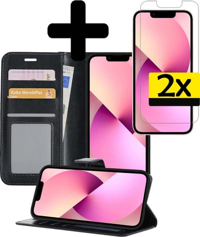 Hoesje - Met 2x Screenprotector - Geschikt voor Apple iPhone 13 Mini - Luxe Pasjeshouder - Bookcase Portemonee - Flip Case - Kunstleer Book Case - Flipcase Hoes - Book Cover - Walletcase - Portemonneehoes - Telefoonhoesjes - Zwart