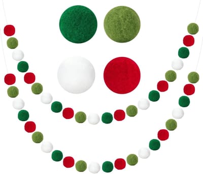 Handgemaakte Kerst Pompom Slingers: 2 Stuks Viltballen in Wit, Lichtgroen, Rood en Groen voor Feestdecoratie, Kerstversiering en Party Decoratie, 60 Ballen