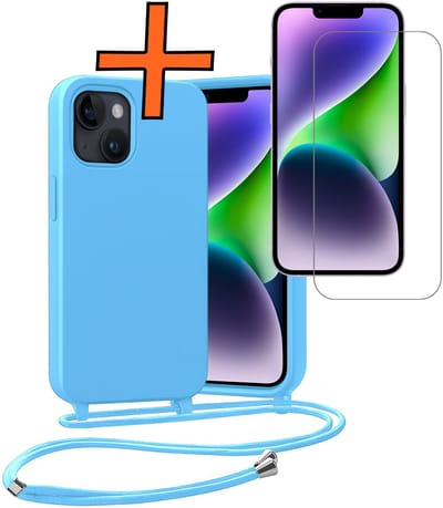Hoesje Geschikt voor iPhone 13 Mini Hoes Met Telefoonketting Met Screenprotector - Backcover Geschikt voor iPhone 13 Mini Case Met Koord - Lichtblauw