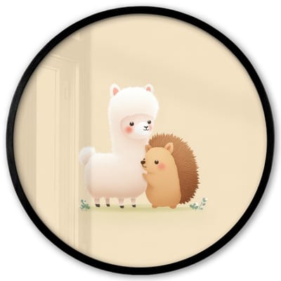 Poster in lijst Rond - Fotolijst 40x40 cm - Posters - Alpaca - Egel - Bruin - Knuffelen - Ronde posterlijst zwart - Decoratie - Wanddecoratie woonkamer - Muurdecoratie slaapkamer