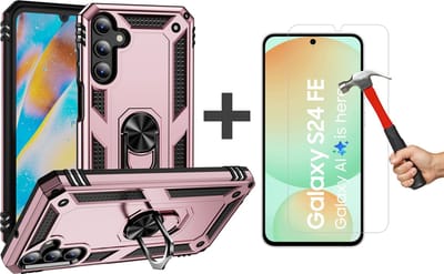 Hoesje Geschikt voor Samsung Galaxy S24 FE hoesje - Hybrid Armor Anti-Shock hoes - Arara Ringhouder TPU backcover met gehard glas Screenprotector - Rosegoud