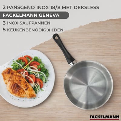 Set van 2 roestvrijstalen pannen 20 24 cm, glazen deksels, 3 roestvrijstalen kookpotten 16, 20 en 24 cm en 6 Fénix Fackelmann Geneva keukengerei