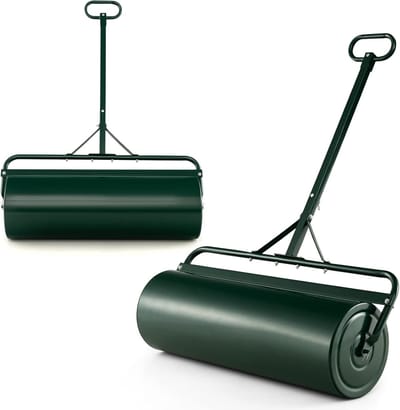 COSTWAY Gazonwals bij te vullen met water of zand, 63 liter, Ø 30 cm x 99 cm, bodemwals met handvat, metalen tuinwals, handroller, gazonroller voor vlakken, gazon, tuin, groen
