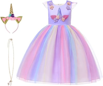 Unicorn Kostuum voor Meisjes, Prinsessenjurk met Sieraden en Hoofdband voor Verjaardagen, Cosplay en Halloween, Leeftijd 2-10 Jaar