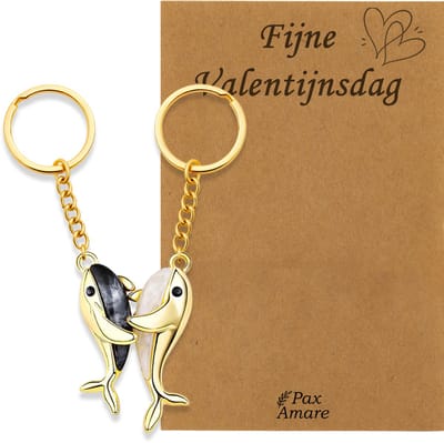 Koppel Sleutelhanger voor 2 'Fijne Valentijnsdag' - Walvissen - Sleutelhanger set op Cadeau Kaartje - Goudkleurig - Vriendschap of Relatie Symbool - Pax Amare