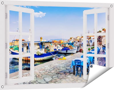 Gards Tuinposter Doorkijk Chalki Eiland - 90x60 cm - Tuindoek - Tuindecoratie - Wanddecoratie buiten - Tuinschilderij