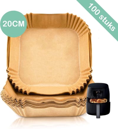 Airfryer Wegwerp Bakjes (100 stuks) - Airfryer Bakpapier - Airfryer Bakvorm - Airfryer Bakjes - Bakpapier Vierkant - Airfryer Accesoires - Heteluchtfriteuseaccessoires - Bakpapier Airfryer - Non Stick - 100 stuks - 20 CM - Bruin