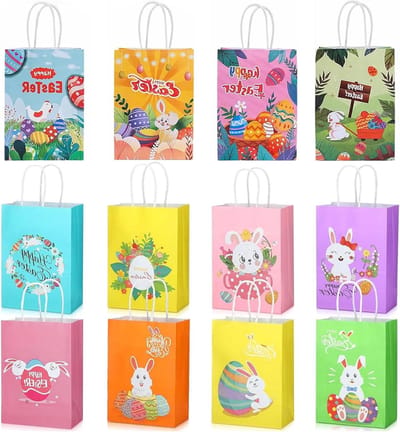 Allecto Plus - Herbruikbare Pasen Papieren Feestzakken Met Handvatten - Bunny Paasei Present Bag Tote Bag - Pack Pasen Cadeauzakken voor Jonge Liefhebbers - Feestbenodigdheden voor Pasen (Pasen Bloem)