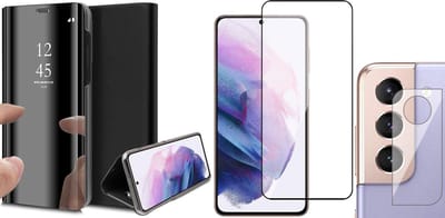 Hoesje geschikt voor Samsung Galaxy S21 FE - Book Case Spiegel Wallet Cover Hoes Zwart - Full Tempered Glass Screenprotector - Camera Lens Protector